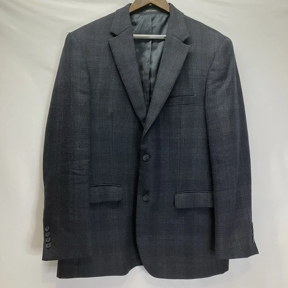 Kenneth Cole Mens Navy Blue AWEARNESS Plaid 100% Wool Slim Fit Blazer Jacket 44L